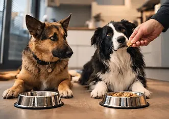 Two dogs lying side by side while one receives a treat and the other watches, illustrating inequity aversion and social comparison in dogs