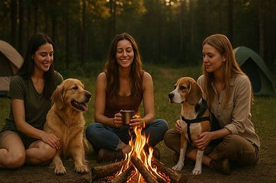 Zelten mit Hund im Saarland, Mensch-Hund-Gruppe am Lagerfeuer auf eingezäuntem Gelände in der Natur