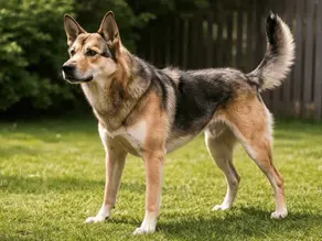 Wachsamer Hund im Garten mit erhobener Rute und gespitzten Ohren – Beispiel für territoriales Verhalten.