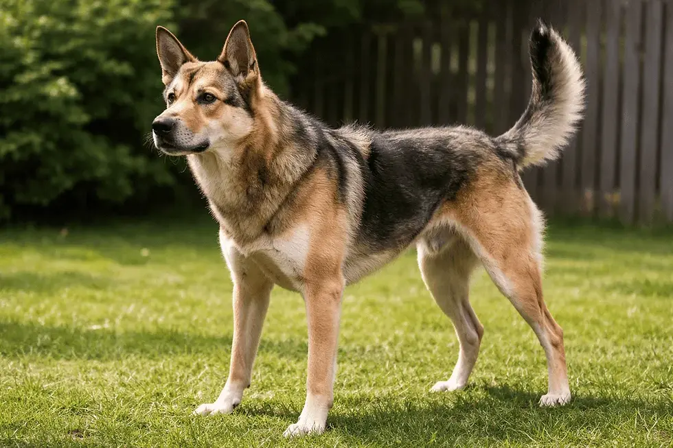 Wachsamer Hund im Garten mit erhobener Rute und gespitzten Ohren – Beispiel für territoriales Verhalten.