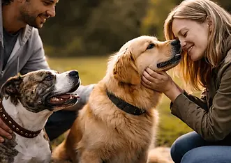 A photograph featuring two dogs interacting with their owners in a park. The first dog is a Golden Retriever, affectionately nuzzling a woman, while the second dog, a brindle mixed breed, is being petted by a man. The scene is bathed in soft, warm lighting, showcasing a joyful connection between the pets and their people.