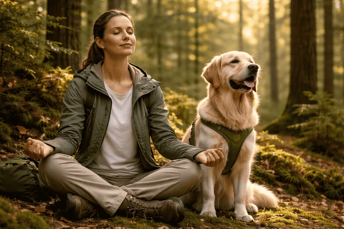 Frau sitzt entspannt mit ihrem Hund im Wald und praktiziert Waldbaden – ruhige Naturerfahrung für Mensch und Hund