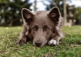 Dog lying calmly on grass with alert eyes and relaxed body language outdoors