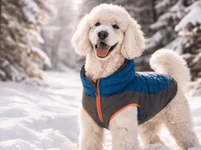 Großpudel im Winter mit Hundemantel steht im Schnee auf einem Waldweg und wirkt aufmerksam und entspannt in der kalten Umgebung.