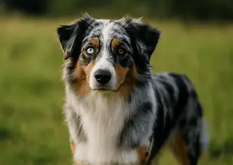 Dog showing classic merle coat pattern with diluted eumelanin pigmentation