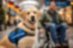 Assistenzhund mit blauem Geschirr sitzt aufmerksam vor seinem Halter im Rollstuhl in einer Bahnhofshalle – Beispiel für Assistenzhunde im öffentlichen Raum in Deutschland 🐕🦺