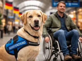 Assistenzhund mit blauem Geschirr sitzt aufmerksam vor seinem Halter im Rollstuhl in einer Bahnhofshalle – Beispiel für Assistenzhunde im öffentlichen Raum in Deutschland 🐕🦺