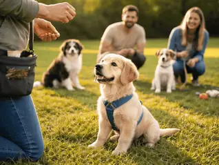 Welpenkurs im Freien: Welpe lernt Sitz mit positiver Verstärkung während einer Trainingsstunde mit anderen Hunden und Haltern