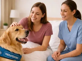 Therapiehund im Einsatz: Golden Retriever mit Therapiehund-Weste wird von einer Patientin und einer Pflegekraft in einer ruhigen therapeutischen Umgebung gestreichelt.
