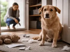 Hund sitzt gestresst in Wohnung mit zerstörten Gegenständen, während Halter im Hintergrund unsicher wirkt – typische Situation bei Trennungsangst beim Hund
