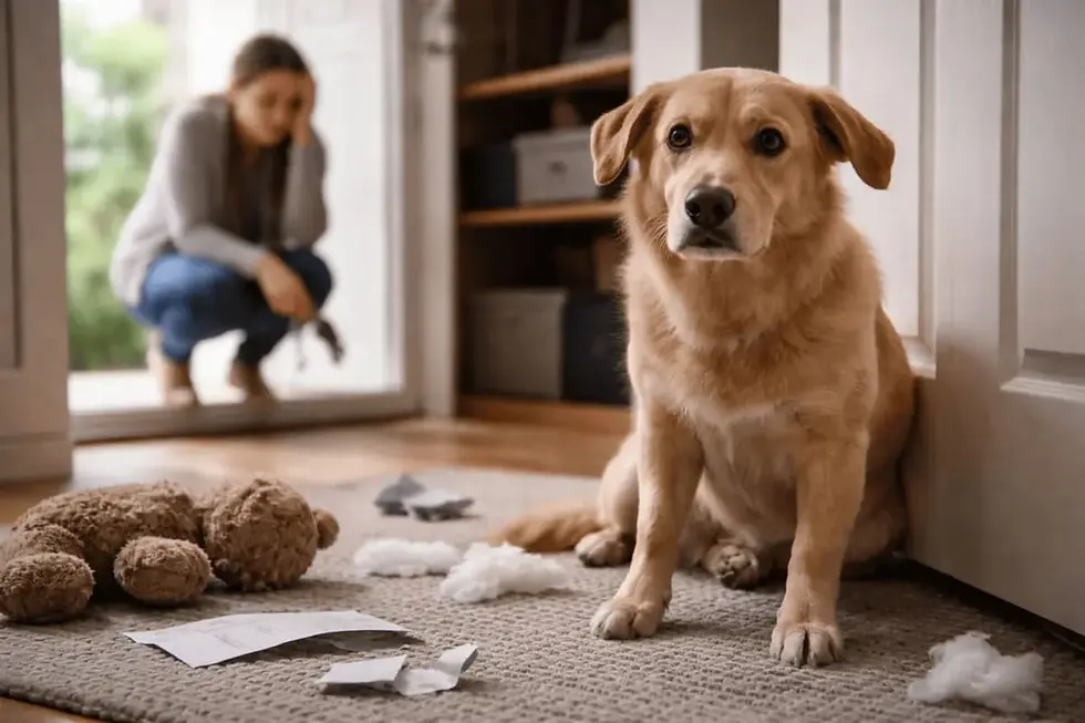 Hund sitzt gestresst in Wohnung mit zerstörten Gegenständen, während Halter im Hintergrund unsicher wirkt – typische Situation bei Trennungsangst beim Hund