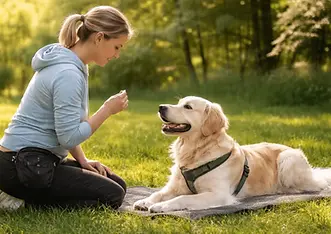 Calm Golden Retriever lying on a mat in a park while a woman kneels nearby and rewards relaxed behavior with a treat in a quiet outdoor setting