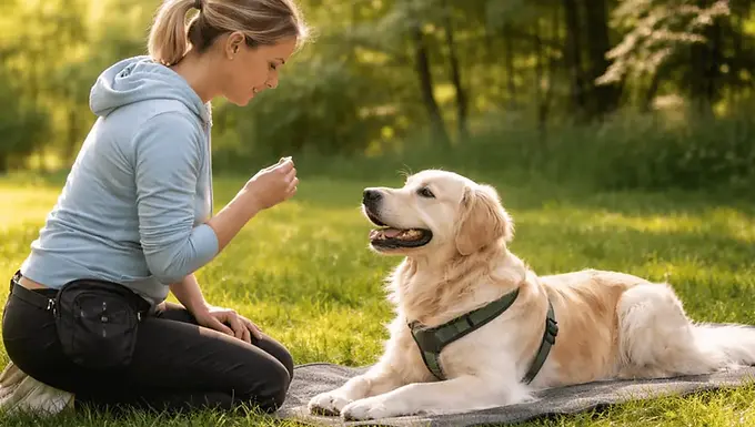 Calm Golden Retriever lying on a mat in a park while a woman kneels nearby and rewards relaxed behavior with a treat in a quiet outdoor setting