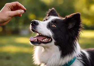 Border Collie focused on a treat during training, showing high attention and anticipation in a natural outdoor setting