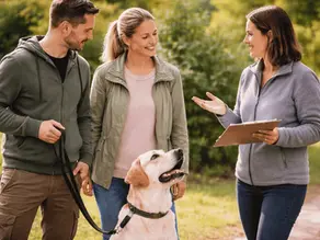 Hundetrainer und Verhaltenstherapeut beraten eine Hundehalterin mit ihrem Labrador während eines Trainingsgesprächs im Park.