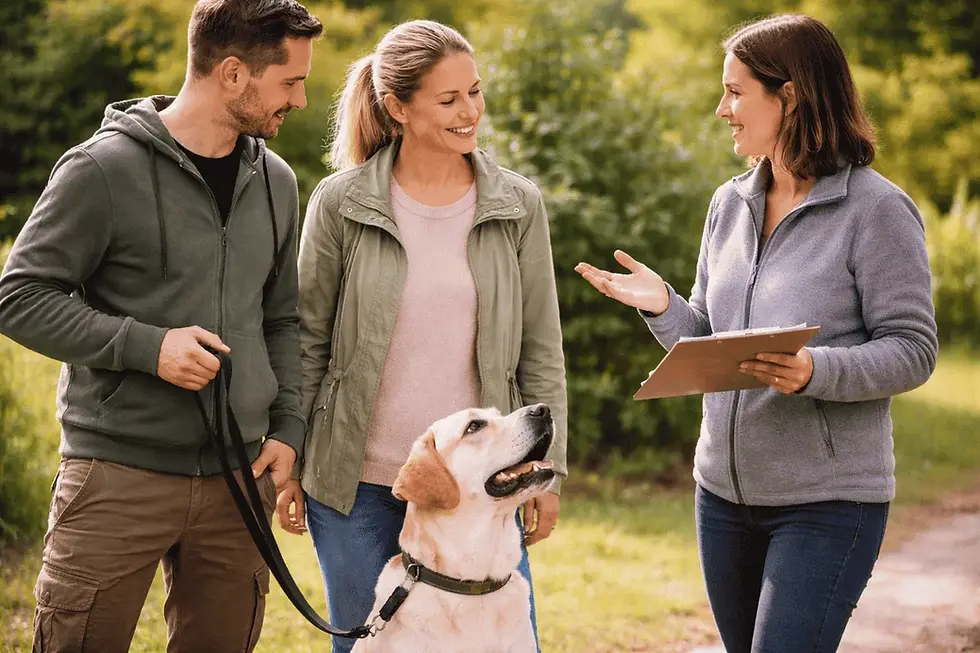 Hundetrainer und Verhaltenstherapeut beraten eine Hundehalterin mit ihrem Labrador während eines Trainingsgesprächs im Park.