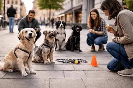 Alltagstraining in der Stadt – Hundegruppe mit Haltern übt Grundsignale und Orientierung im urbanen Umfeld