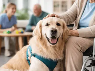 Therapiehund im Einsatz bei einer älteren Person in einer Einrichtung, ruhiger und freundlicher Hund wird gestreichelt und wirkt entspannt