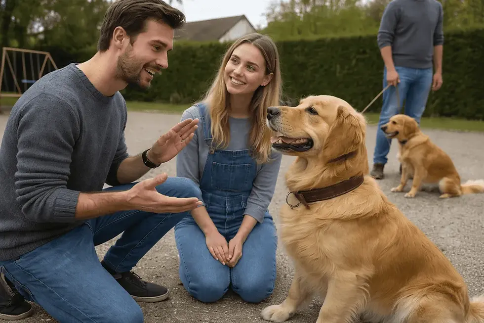 Hundetrainer erklärt einer Hundehalterin ein Trainingssignal während ihr Golden Retriever aufmerksam zuhört – Hundetraining im Alltag 🐕