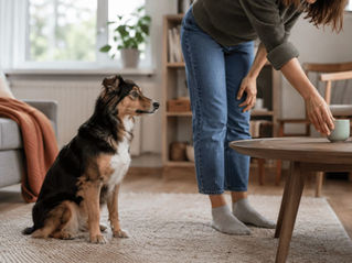 Hund beobachtet eine menschliche Handlung im Alltag und zeigt Aufmerksamkeit während einer Untersuchung von Gedächtnis und Lernen.
