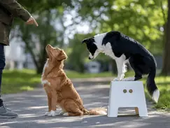 Ein Hundetrainer gibt ein Signal an zwei Hunde während einer Trainingseinheit im Freien. Ein Hund sitzt aufmerksam vor dem Menschen, während ein Border Collie auf einem Podest steht und ebenfalls auf das Signal reagiert. Die Szene veranschaulicht soziales Lernen, Beobachtung und kooperatives Hundetraining in einer natürlichen Umgebung.
