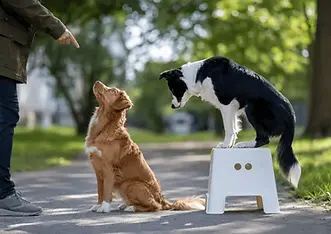 A dog trainer demonstrates a behavior to two attentive dogs in a sunlit park. One dog sits and watches the trainer closely while a Border Collie stands on a platform observing the interaction, illustrating social learning and observational learning in dogs.