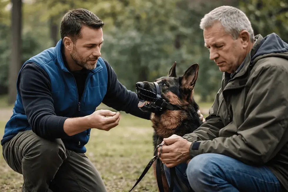 Hundetrainer arbeitet im Park mit einem Halter und einem Deutschen Schäferhund im Maulkorb – Beispiel für kontrolliertes Training und Resozialisierung bei Hunden.