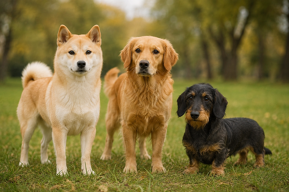 Drei Hunde unterschiedlicher Rassen stehen gemeinsam im Freien auf einer Wiese und veranschaulichen die Vielfalt moderner Hunderassen sowie die Unterschiede in ihren körperlichen Merkmalen, wie Ohrenform, Fell, Größe und Körperbau.