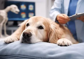 Elderly dog resting calmly during a veterinary examination, representing cognitive aging and cognitive dysfunction syndrome (CDS) in dogs