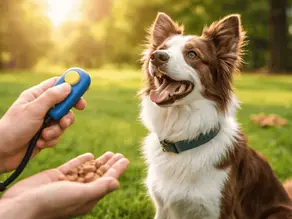 Hund beim Clickertraining im Park – Trainer nutzt Clicker und Leckerlis zur positiven Verstärkung beim Hundetraining 🐾