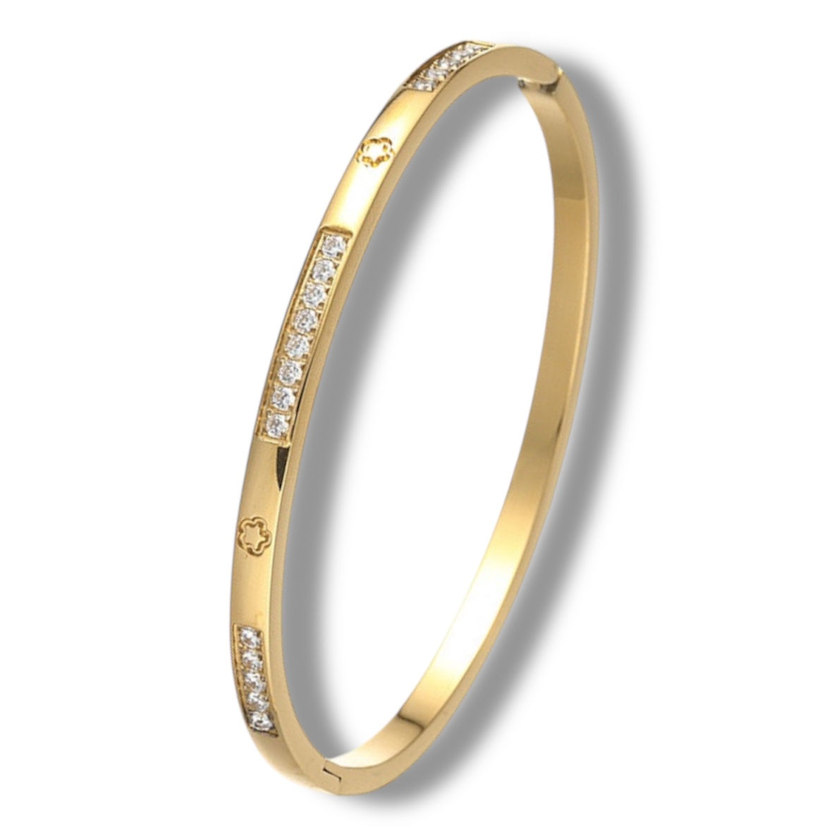 Gold Bangle with Diamond Rows and Clover Motifs