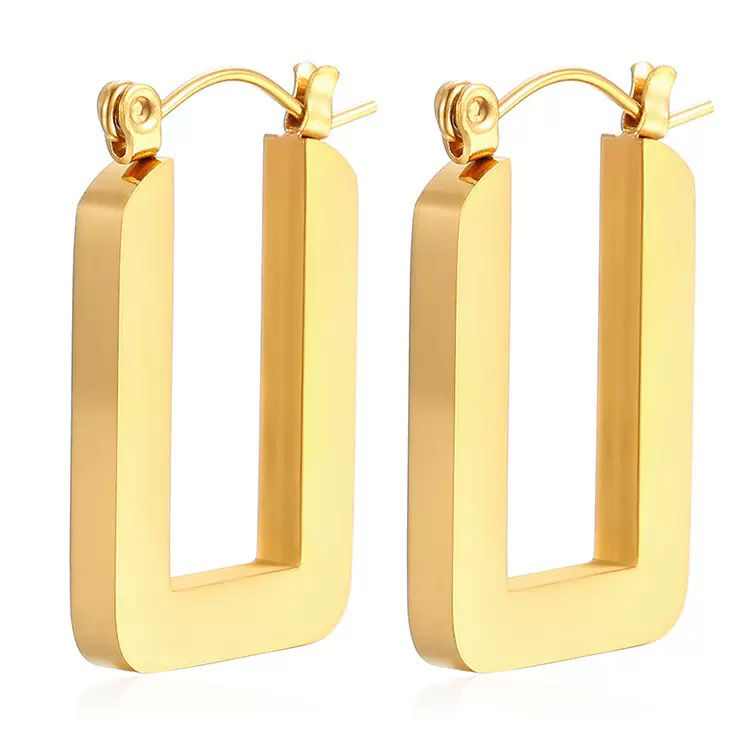 Gold plated geometric rectangular hoop earrings