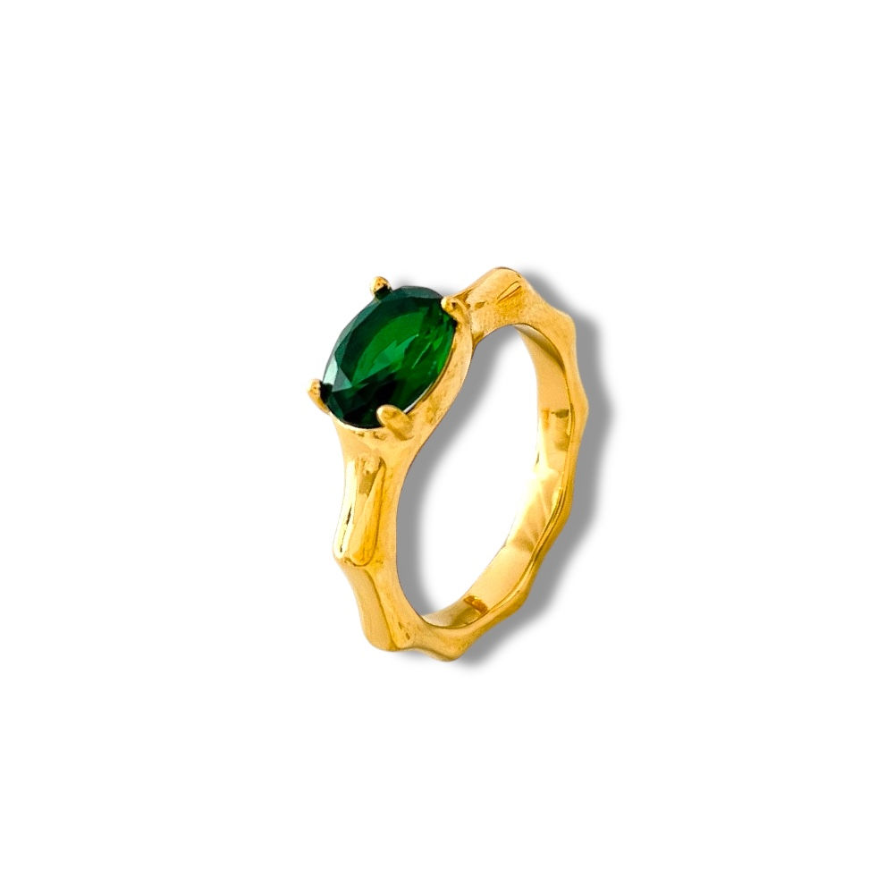 Green Gemstone Bamboo-Inspired Ring