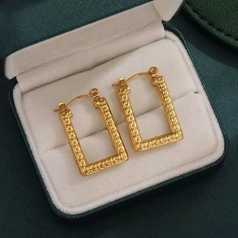 Gold plated textured square hoop earrings
