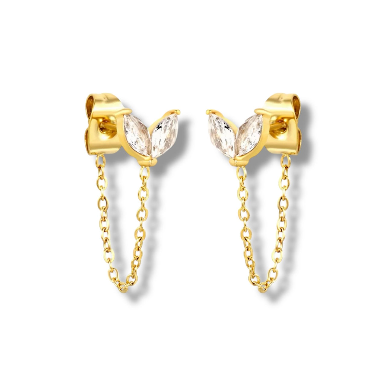 Gold Leaf Chain Stud Earrings with Crystals