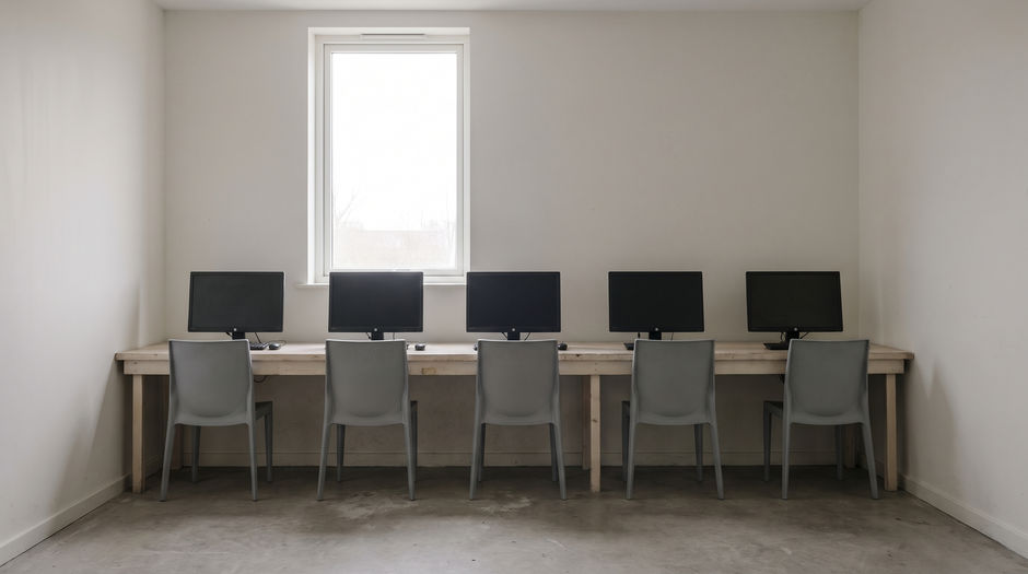 An empty school computer room photographed from the back, with five identical dark monitors switched off and completely blank on a long plain bench, grey chairs pushed in, and daylight from a single window on the far wall, with no person in the frame.