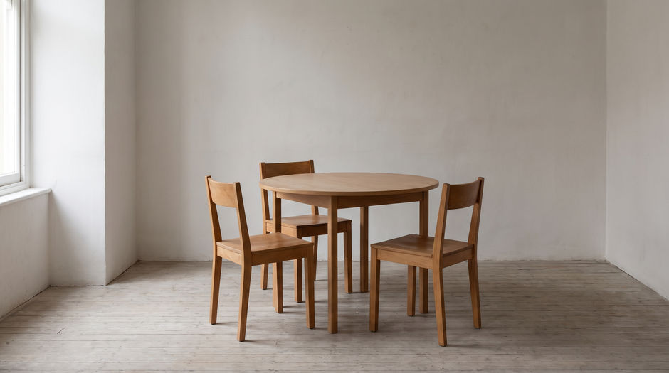 Three plain wooden chairs arranged around a small bare round table in an otherwise empty room, all three chairs unoccupied and the tabletop completely clear, lit by daylight from a single window to one side.