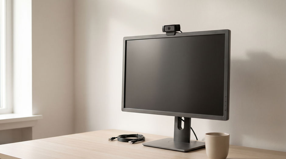A plain desktop monitor with a completely blank dark screen stands on a pale wooden desk beside a small unbranded webcam, a coiled ethernet cable and an undecorated ceramic mug, in soft window light, with no person in the frame.