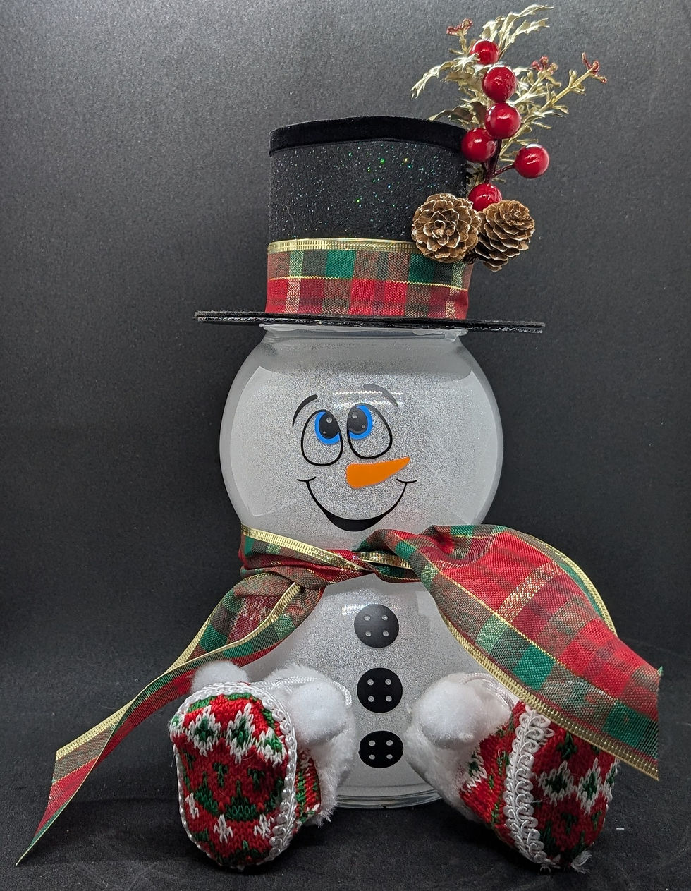 Light Up Glass Snowman - Plaid Ribbon with Acorns