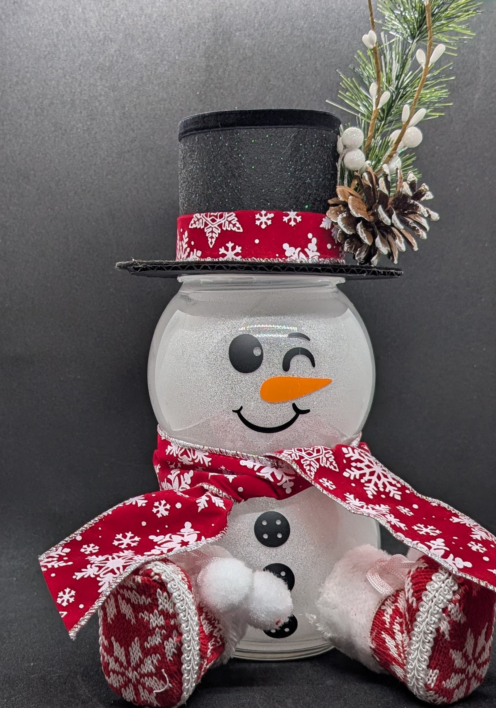 Light Up Glass Snowman - Red & White Snowflakes Ribbon