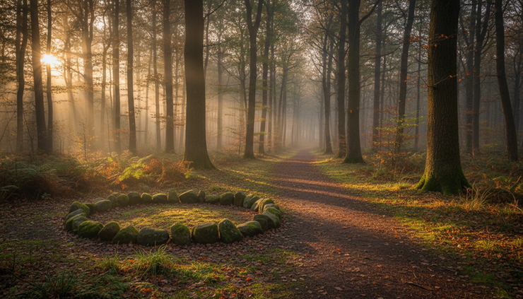 Wide-angle view of a quiet woodland path used for reflective healing practice