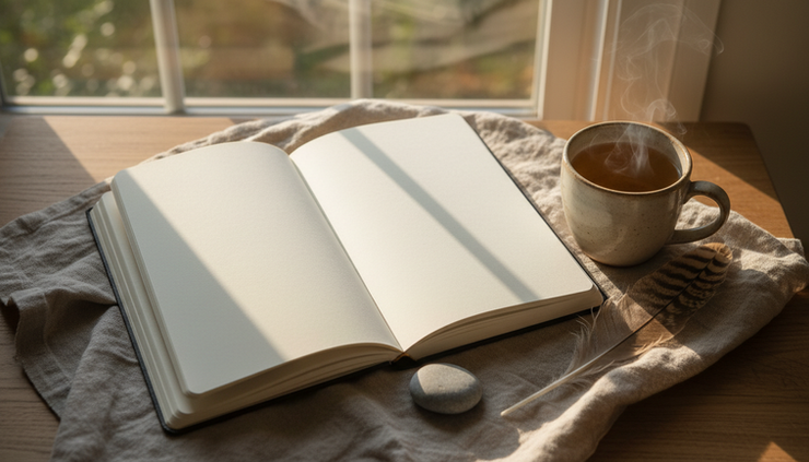 Overhead view of a journal, herbal tea, and a feather beside a window after a healing session