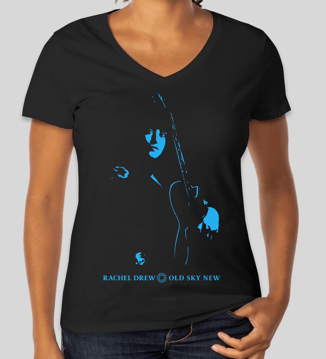 Old Sky New 100% Cotton Women's V-Neck Tee - Sky Blue on Black