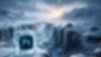 Icy landscape with mountainous terrain, a river, and snow-capped cliffs. A large frozen block with the Photoshop logo is prominent.