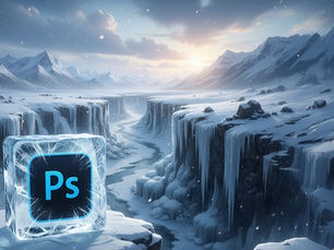 Icy landscape with mountainous terrain, a river, and snow-capped cliffs. A large frozen block with the Photoshop logo is prominent.