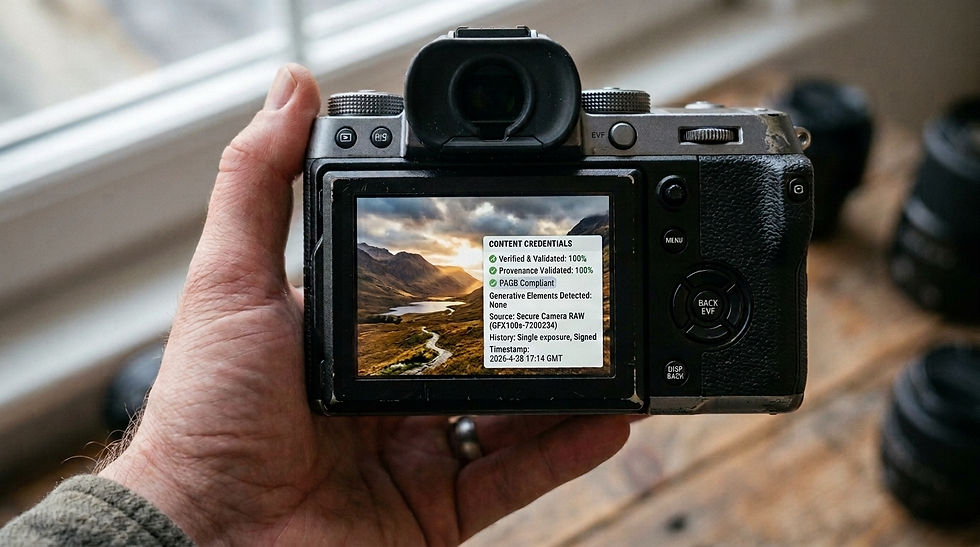 Hand holds a digital camera indoors; screen shows a mountain landscape and Content Credentials verification text.