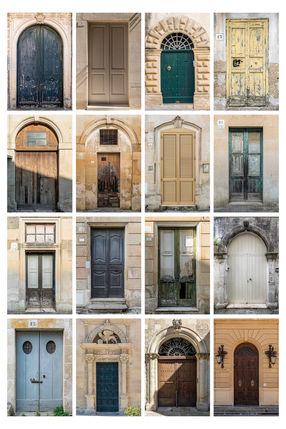 A montage of sixteen old doors photographed in Maglie, Otranto, Gallipoli and Lecce