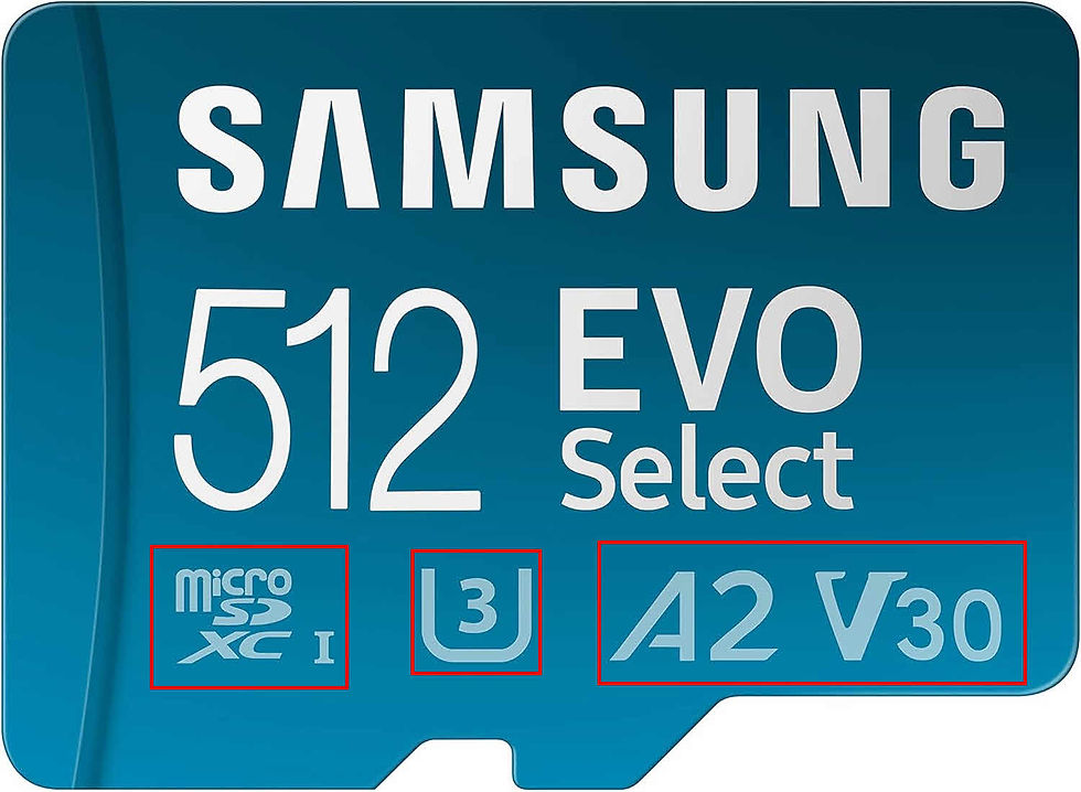 Blue Samsung EVO Select 512GB microSD card with icons showing microSDXC I, U3, A2, V30. White text on a sleek background.
