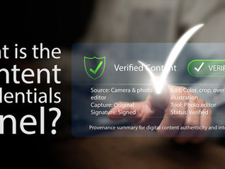 Hand with glowing checkmark touches floating panel. Text reads: "What is the Content Credentials Panel?" and details image verification.