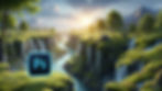 Lush landscape with waterfalls, a winding river, and sunlight over green cliffs and mountains. Photoshop logo in the foreground.
